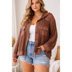 POL Crochet Hooded Button Up Jacket Brown Cotton Size 3XL